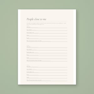 People close to me page from the Calmkept End of Life Planner, a printable page with blocks for each person's name, relationship, phone and email