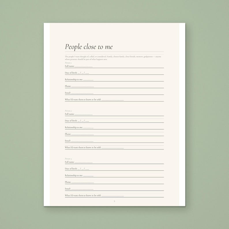 People close to me page from the Calmkept End of Life Planner, a printable page with blocks for each person's name, relationship, phone and email