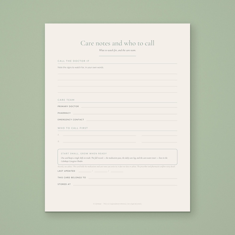 Back side of the Calmkept Caregiver Medication Card in US Letter: when to call the doctor, the care team and who to call first