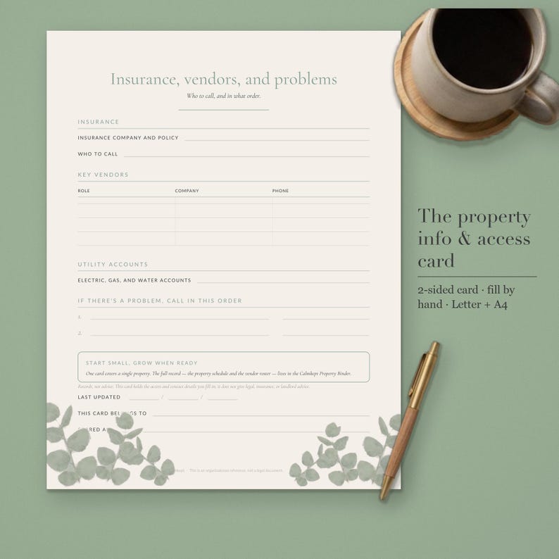 The back of the Calmkept Property Info & Access Card, a printable two-sided card to fill in by hand, with insurance, key vendors and utility accounts, shown with a coffee cup and pen