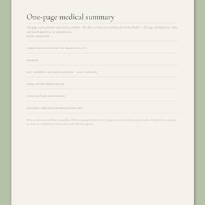 One-page medical summary from the Calmkept Personal Medical History Binder, with lines for major conditions, medications, allergies, past surgeries and your care team