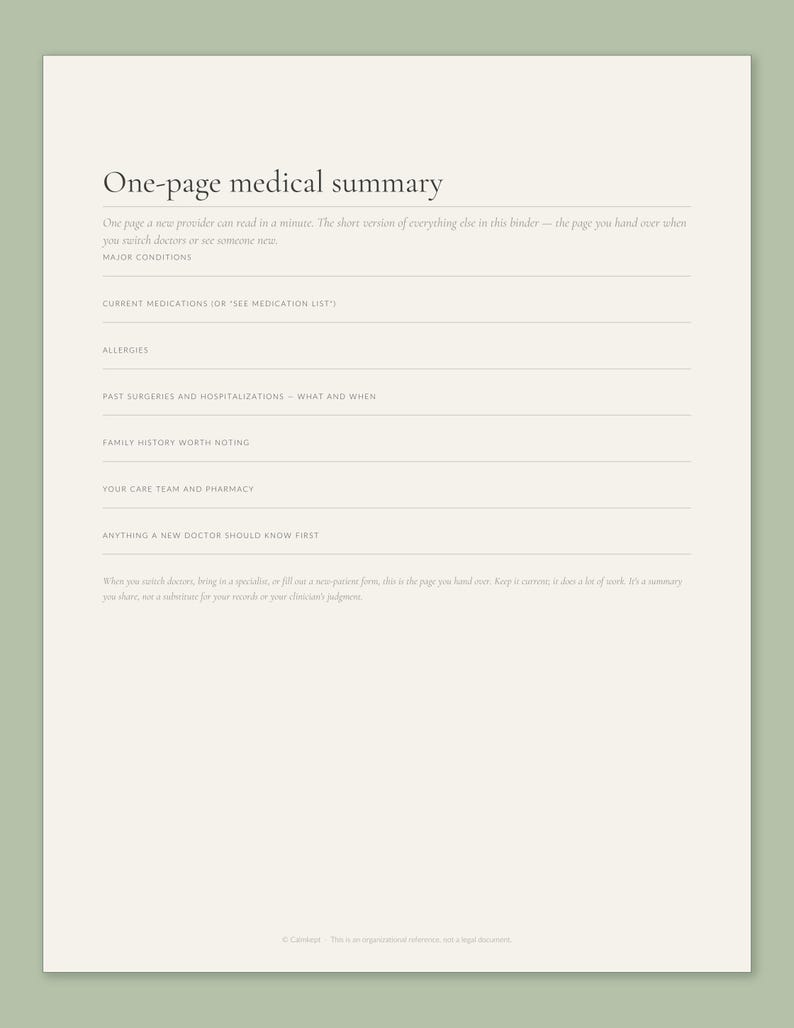 One-page medical summary from the Calmkept Personal Medical History Binder, with lines for major conditions, medications, allergies, past surgeries and your care team