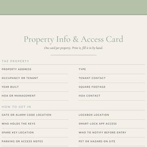 Close-up of the Calmkept Property Info & Access Card, showing the property details and how to get in: address, tenant contact, lockbox, keys and smart-lock access