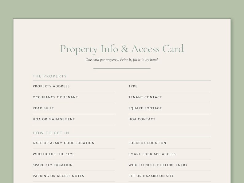 Close-up of the Calmkept Property Info & Access Card, showing the property details and how to get in: address, tenant contact, lockbox, keys and smart-lock access