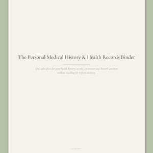 Title page of the Calmkept Personal Medical History Binder, a printable PDF health records organizer in cream on a sage background