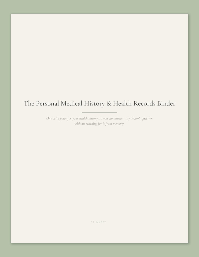 Title page of the Calmkept Personal Medical History Binder, a printable PDF health records organizer in cream on a sage background