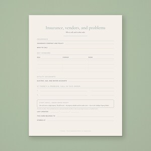 Back side of the Calmkept Property Info & Access Card in US Letter: insurance, key vendors, utility accounts and the order to call in if there's a problem