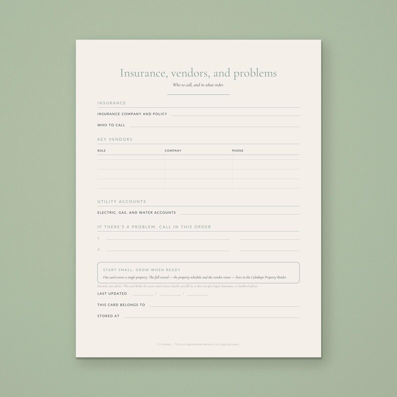 Back side of the Calmkept Property Info & Access Card in US Letter: insurance, key vendors, utility accounts and the order to call in if there's a problem