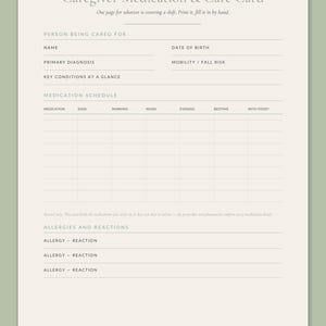 Front side of the Calmkept Caregiver Medication Card in A4: the person being cared for, a morning-to-bedtime medication schedule, and allergies and reactions