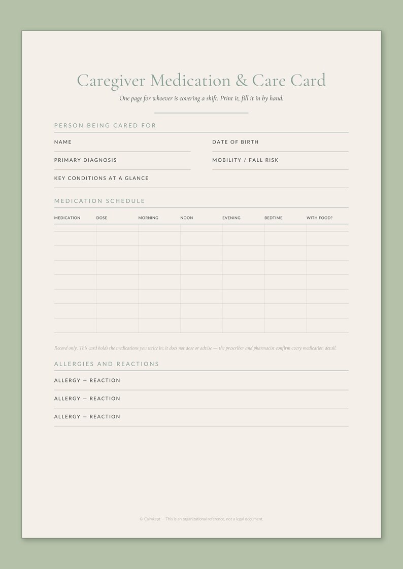 Front side of the Calmkept Caregiver Medication Card in A4: the person being cared for, a morning-to-bedtime medication schedule, and allergies and reactions
