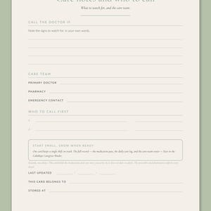 Back side of the Calmkept Caregiver Medication Card in A4: when to call the doctor, the care team and who to call first