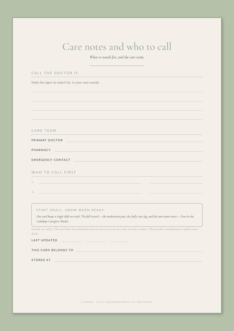 Back side of the Calmkept Caregiver Medication Card in A4: when to call the doctor, the care team and who to call first