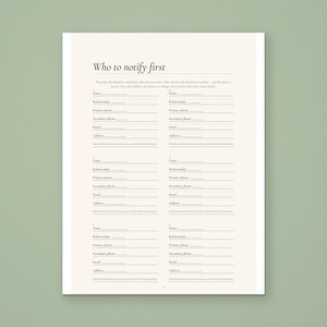 Who to notify first page from the Calmkept End of Life Planner, a printable page with six contact blocks for name, relationship, phones, email and address