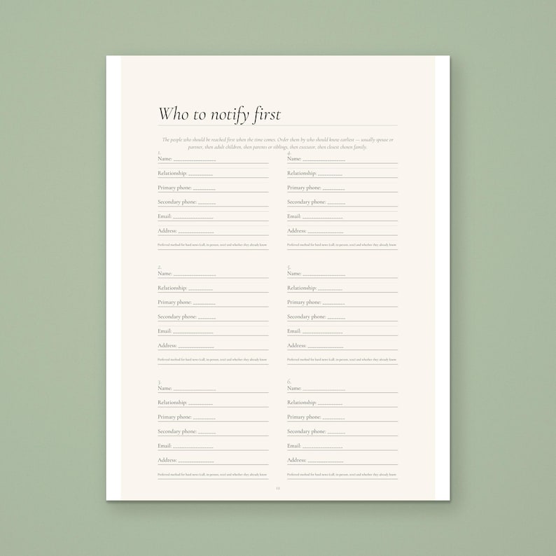 Who to notify first page from the Calmkept End of Life Planner, a printable page with six contact blocks for name, relationship, phones, email and address