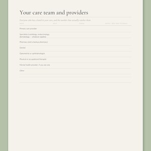 Your care team and providers page from the Calmkept Personal Medical History Binder, a table for each provider's name, role, phone and the best way to reach them