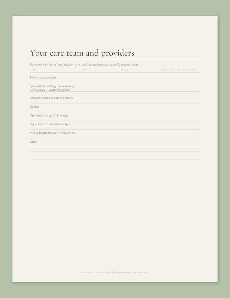 Your care team and providers page from the Calmkept Personal Medical History Binder, a table for each provider's name, role, phone and the best way to reach them