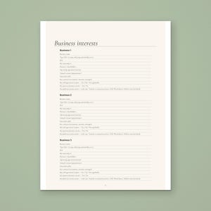 Business interests page from the Calmkept End of Life Planner, with blocks for each business's name, type, ownership, partners, key contacts and succession plan