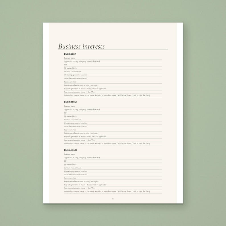 Business interests page from the Calmkept End of Life Planner, with blocks for each business's name, type, ownership, partners, key contacts and succession plan