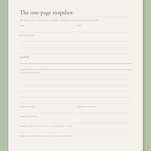 The one-page snapshot from the Calmkept Caregiver Binder, with lines for key conditions, allergies, current medications, the primary doctor and an emergency contact