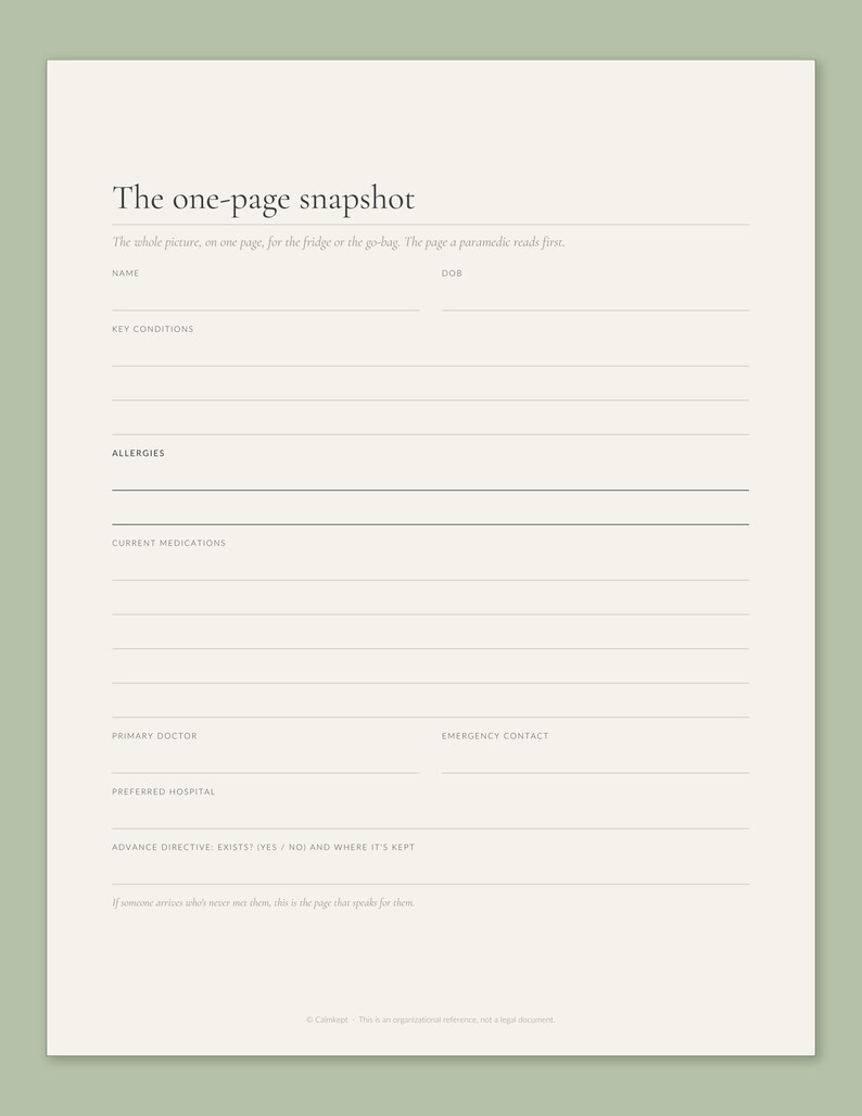 The one-page snapshot from the Calmkept Caregiver Binder, with lines for key conditions, allergies, current medications, the primary doctor and an emergency contact