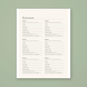 Retirement page from the Calmkept End of Life Planner, with six account blocks for type, provider, approximate balance and primary and contingent beneficiaries
