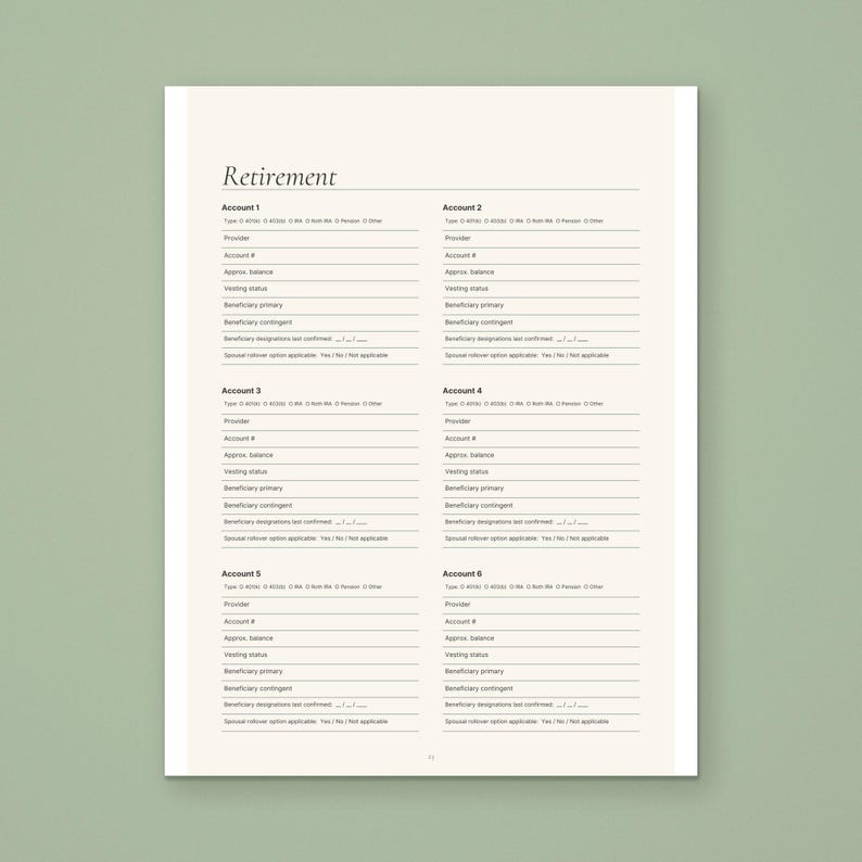 Retirement page from the Calmkept End of Life Planner, with six account blocks for type, provider, approximate balance and primary and contingent beneficiaries