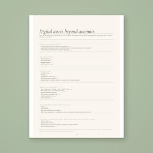 Digital assets beyond accounts page from the Calmkept End of Life Planner, for cryptocurrency, domain names, digital creative work, purchased libraries and online businesses