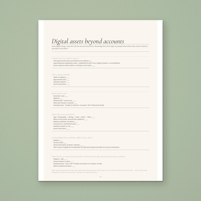 Digital assets beyond accounts page from the Calmkept End of Life Planner, for cryptocurrency, domain names, digital creative work, purchased libraries and online businesses