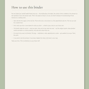 How to use this binder page from the Calmkept Personal Medical History Binder, with tips on where to start, leaving blanks and keeping the logs updated
