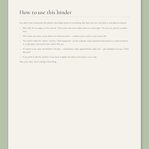 How to use this binder page from the Calmkept Caregiver Binder, with tips on where to start and keeping the medication, vitals and care logs updated