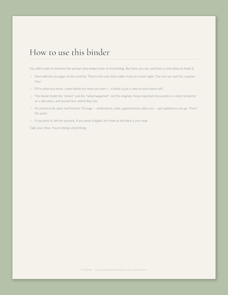 How to use this binder page from the Calmkept Caregiver Binder, with tips on where to start and keeping the medication, vitals and care logs updated