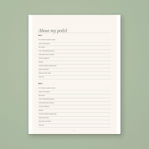 About my pets page from the Calmkept End of Life Planner, with blocks for each pet's name, microchip, vet, medications, feeding and daily routine