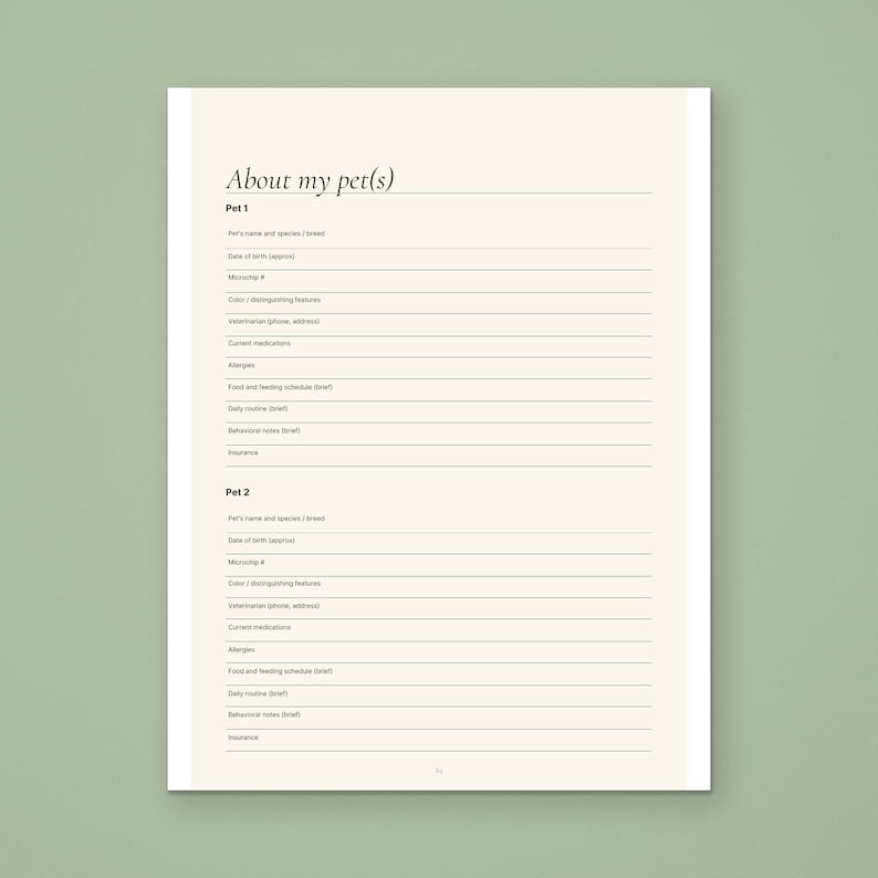 About my pets page from the Calmkept End of Life Planner, with blocks for each pet's name, microchip, vet, medications, feeding and daily routine