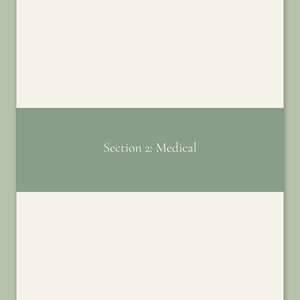 Section 2 Medical divider page from the Calmkept Caregiver Binder, a sage band across a cream page