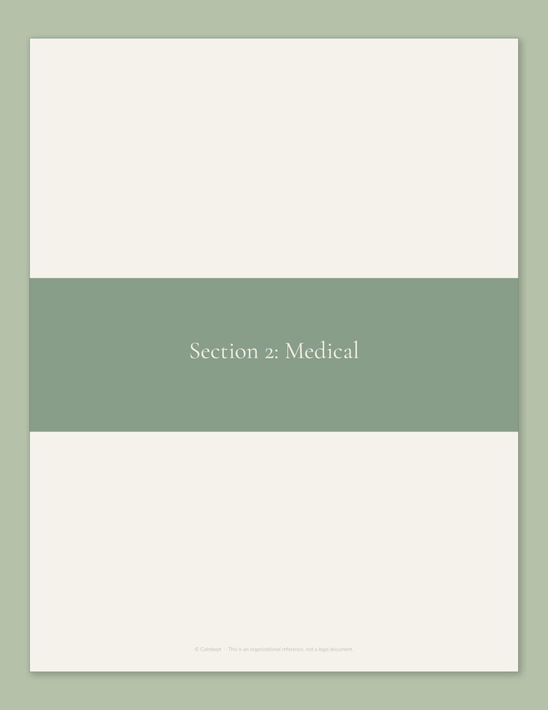 Section 2 Medical divider page from the Calmkept Caregiver Binder, a sage band across a cream page