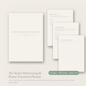 Könnte beinhalten: Ein digitaler Planer mit dem Titel The Senior Downsizing & Home-Transition Planner, bestehend aus einem Deckblatt und drei Innenseiten mit den Überschriften Budget overview, The legal snapshot und Room-sort checklist card, insgesamt 54 Seiten.