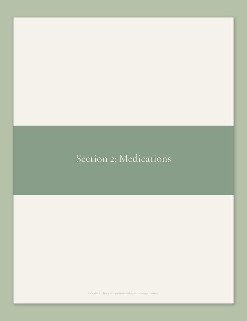 Section 2 Medications divider page from the Calmkept Personal Medical History Binder, a sage band across a cream page