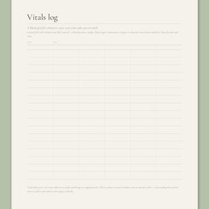 Vitals log page from the Calmkept Personal Medical History Binder, a blank dated grid for blood pressure, weight, blood sugar or whatever your care team asks you to track