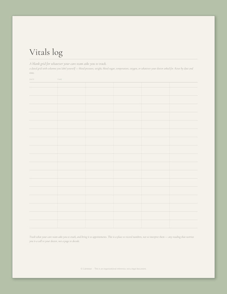 Vitals log page from the Calmkept Personal Medical History Binder, a blank dated grid for blood pressure, weight, blood sugar or whatever your care team asks you to track