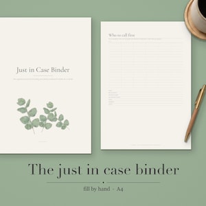 Puede incluir: Dos hojas de papel A4 para un Just in Case Binder. La hoja izquierda presenta el título y una ilustración de eucalipto en acuarela. La hoja derecha es un formulario de contacto Who to call first con líneas para nombres.