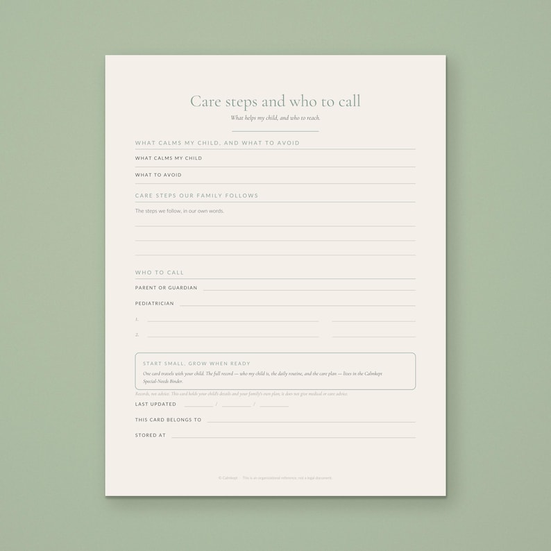 Back side of the Calmkept Special Needs Child Care Card in US Letter: care steps and who to call, with space for the parent or guardian and pediatrician