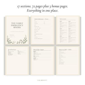 K&ouml;nnte beinhalten: Ein digitaler Planer mit dem Titel The Family Emergency Binder mit 17 Abschnitten, 72 Seiten und 3 Bonusseiten. Die cremefarbenen Seiten enthalten schwarzen Text, darunter Abschnitte f&uuml;r medizinische Informationen, Bankkonten und Testamente.
