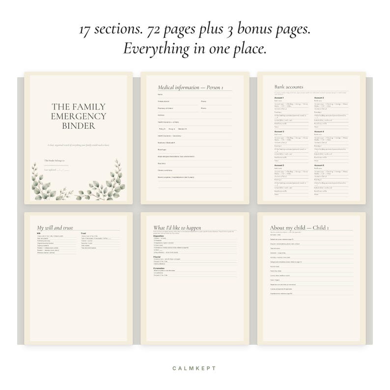 K&ouml;nnte beinhalten: Ein digitaler Planer mit dem Titel The Family Emergency Binder mit 17 Abschnitten, 72 Seiten und 3 Bonusseiten. Die cremefarbenen Seiten enthalten schwarzen Text, darunter Abschnitte f&uuml;r medizinische Informationen, Bankkonten und Testamente.