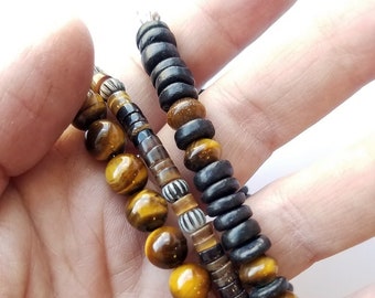 Mens Jewelry - mens bracelet collection - Genuine Tiger Eye, shell, and wood - business casual. "Cat's Eye Collection"