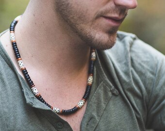 Men's jewellery - necklace handmade from black wood and bone -  Morocco Necklace