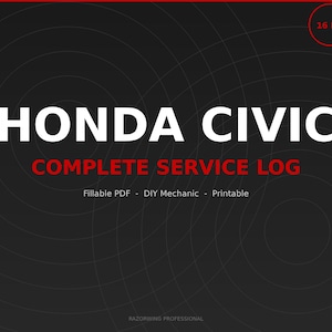 Könnte beinhalten: Ein schwarzes digitales Dokumentencover mit dem Titel HONDA CIVIC COMPLETE SERVICE LOG in weißem und rotem Text. Es enthält die Beschriftungen Fillable PDF, DIY Mechanic, Printable und 16 PG in einem roten Kreis sowie dezente dunkelgraue kreisförmige Linienmuster.