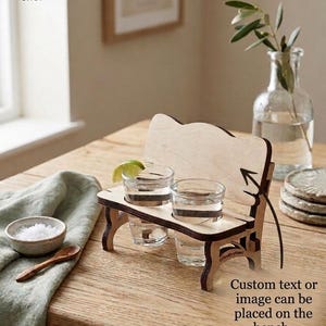 Customizable Wooden Shot Glass Holder Bench, Personalized Laser Cut Mini Bench for 2 Shots, Custom Engraved Serving Tray Gift