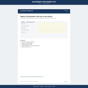 Op de afbeelding: Een printbare documentenset voor in het dashboardkastje met een voertuiggegevensformulier met gele invoercellen. Het document bevat secties voor eigenaar, voertuigmerk, model, kenteken, chassisnummer en datum, plus een lijst met bijgevoegde kaarten.