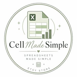 May include: A circular logo with a green and white color scheme. The logo features the text "Cell Made Simple" in a handwritten style font. Below the text are the words "Spreadsheets Made Simple" and "Etsy Store". The logo also includes an illustration of a spreadsheet and bar graph.