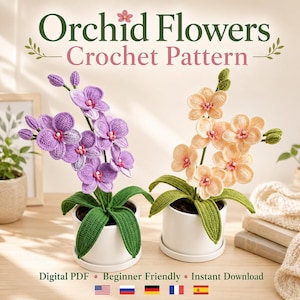 May include: Two potted orchid plants made of crochet yarn. One plant has purple flowers and the other has peach flowers. Both have green leaves and are in white ceramic pots. Text reads: Orchid Flowers Crochet Pattern, Digital PDF, Beginner Friendly, Instant Download.